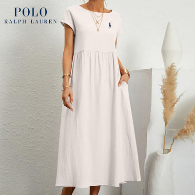 [Ralph Lauren] Robe ample en coton et lin, manches courtes, couleur unie, avec poches, col rond et plis