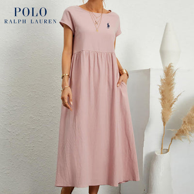 [Ralph Lauren] Robe ample en coton et lin, manches courtes, couleur unie, avec poches, col rond et plis