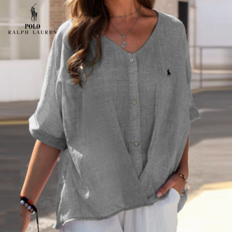 🇫🇷 Chemise en lin à col en V et volant pour femme Ralph Lauren