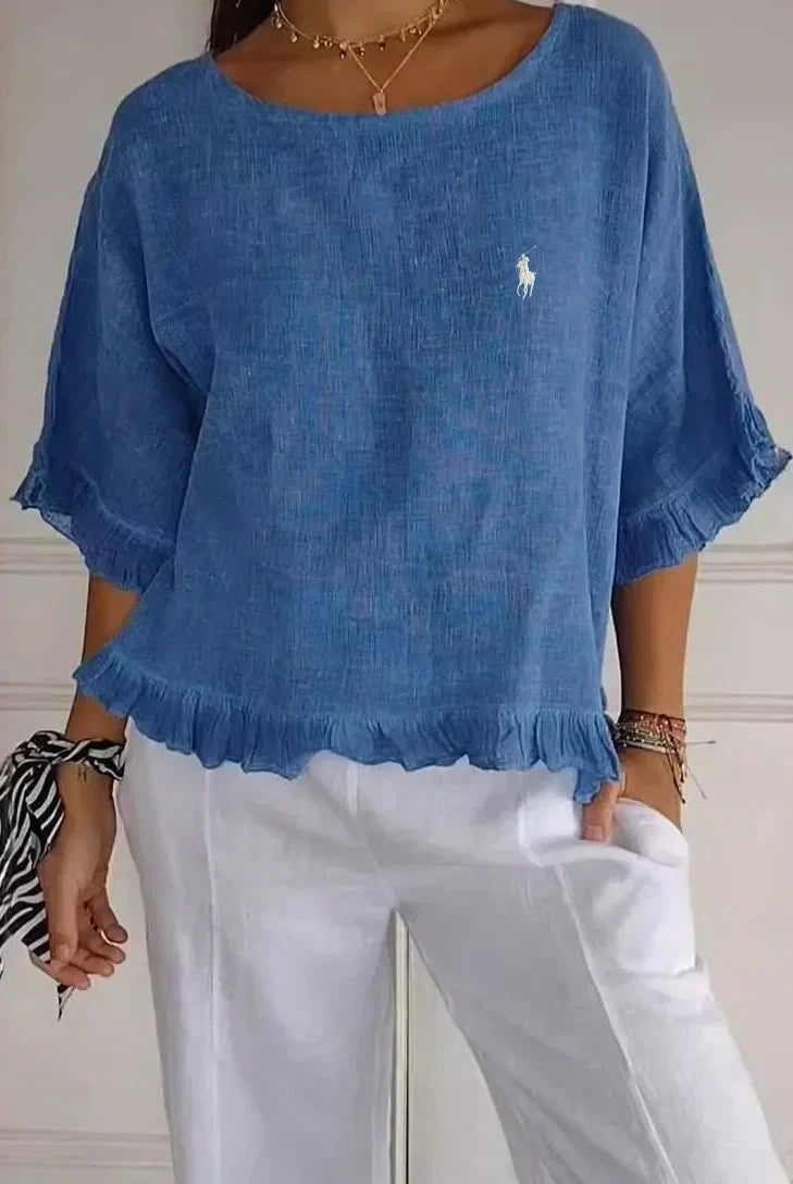 Saldi 🔥 Camicetta in lino con volant e collo rotondo Ralph Lauren da donna