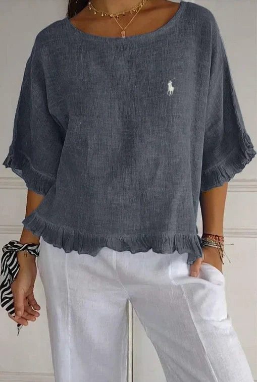 Saldi 🔥 Camicetta in lino con volant e collo rotondo Ralph Lauren da donna