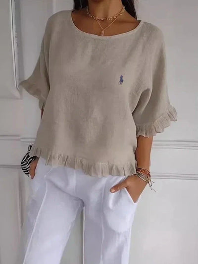 Saldi 🔥 Camicetta in lino con volant e collo rotondo Ralph Lauren da donna